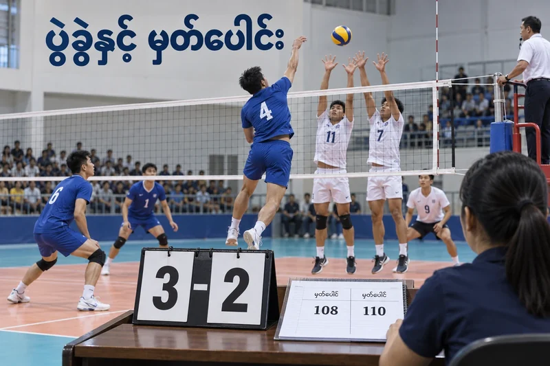 ဘော်လီဘောပွဲမြင်ကွင်းရှေ့တွင် ပွဲခွဲ 3–2 နှင့် မှတ်ပေါင်း 108၊ 110 ကို သီးခြားပြထားသောစာရင်း