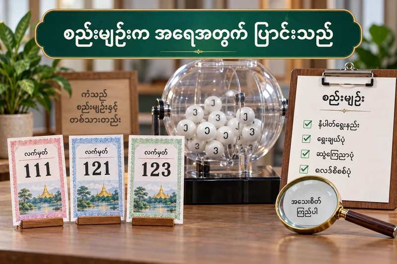 ဂဏန်းထပ်မှု စည်းကမ်းသုံးမျိုးကို လက်မှတ်နှင့် ထီဘောလုံးနမူနာများဖြင့် နှိုင်းယှဉ်ထားပုံ